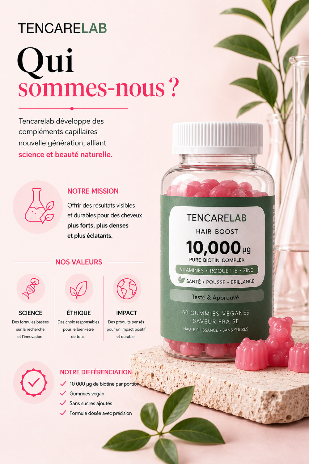 Gummies cheveux Hair Boost TENCARELAB conçus pour renforcer, nourrir et embellir les cheveux.