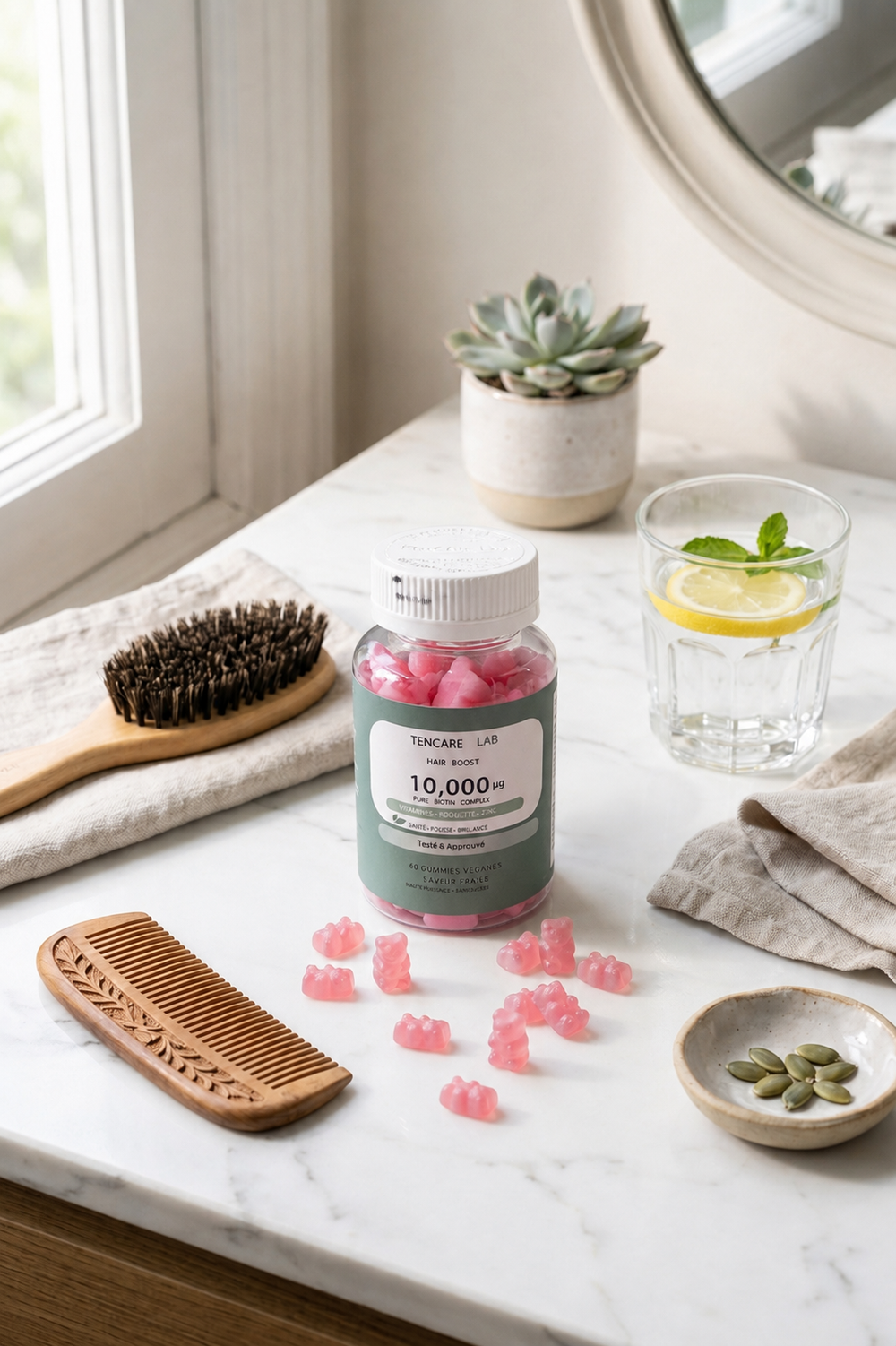Complément alimentaire cheveux Hair Boost TENCARELAB sous forme de gummies oursons roses enrichis en vitamines.