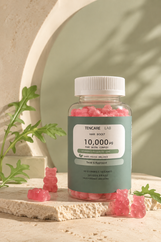 Flacon Hair Boost TENCARELAB avec gummies oursons roses pour favoriser la croissance et la beauté des cheveux.